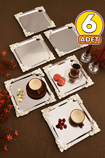 AKSESUAR EVRENİ Alvio Stainless Square 4 Corner Silver Flower Detailed Presentation Tray Silver Set of 6