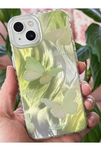 Fibaks Iphone 13/14/15 Uyumlu Kılıf Parlak Hologram Yeşil Kelebek Desenli Darbe Emici Kamera Korumalı