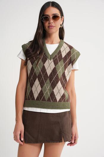 Mixray 6930 Women's Diamond Patterned Knitwear Sweater Khaki