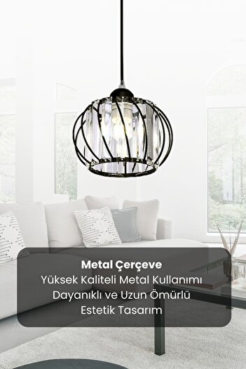 Luna Lighting Quattro Model Siyah Renk Kaplama Metal Kristal Taşlı Salon Oturma Odası Tavan Sarkıt Avize
