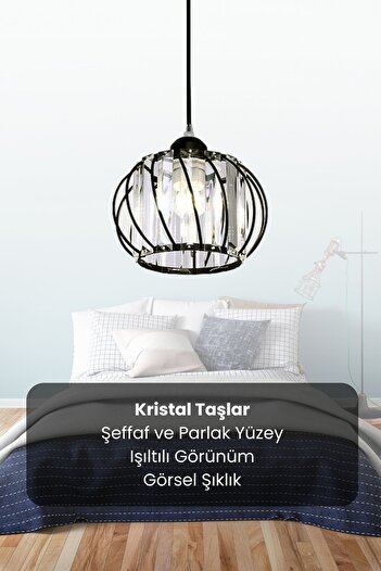 Luna Lighting Quattro Model Siyah Renk Kaplama Metal Kristal Taşlı Salon Oturma Odası Tavan Sarkıt Avize