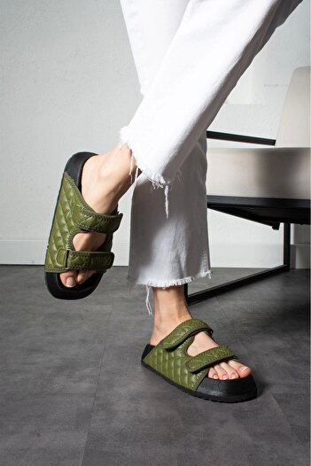 Sivarro Quilted Khaki Velcro Women's Slippers – Orthopedic, Stylish, Non-Slip Sole