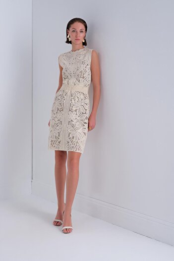 JOIN US Beli Büzgü Detaylı Dantelli Mini Elbise