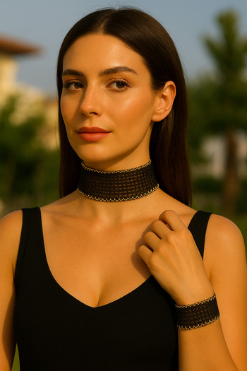 SYAZE Black Mesh Textured Wide Choker & Bracelet Set with Gold Detail - Light Structure - 4 cm