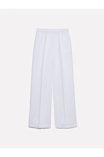Sisley Women's White 100% Linen Elastic Waist Pleated Front Wide Leg Pants