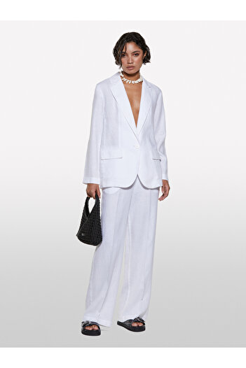 Sisley Women's White 100% Linen Elastic Waist Pleated Front Wide Leg Pants