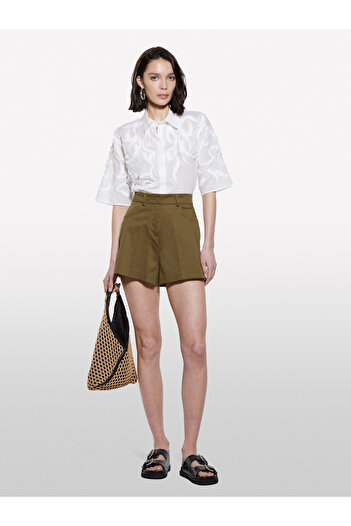 Sisley Women's Dark Khaki Stretch Cotton Pocket High Waist Slim Fit Shorts