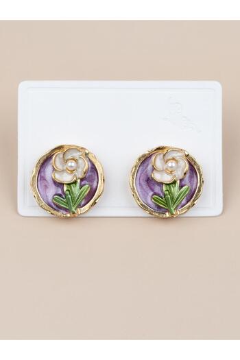 Portakal Esintisi Oréllia White Flower Motif Vintage Art Earrings with Enamel Pearls