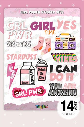 TUGİBU Girl Power Sticker Set, Pink Sticker, 14 Pink Stickers
