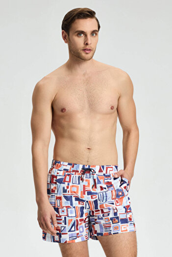 Hemington Geometric Pattern Navy Blue Orange Quick Dry Swimsuit