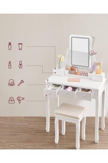 VASAGLE Masa de toaleta cu taburet, oglinda rotativa 360, iluminare LED reglabila, 80x40x138 cm, alb