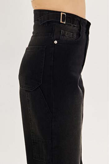 LAMİRAMOOD Black Double Belt with Epaulettes Adjustable Wide Leg Wide Leg Super High Waist Women's Pants