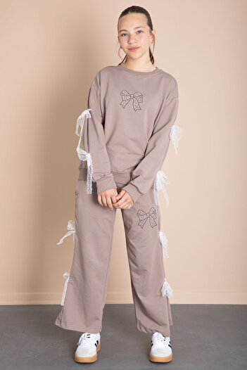 Cansın Mini Brown Wide Leg Girl's Tracksuit Set with Bow Detail on the Sides 21198