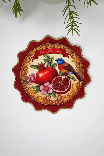 decofav La Dolce Vita Pomegranate and Bird Patterned Round Embroidery Edge Luxury Cocktail Napkin – Baroque Burgundy 1 Piece