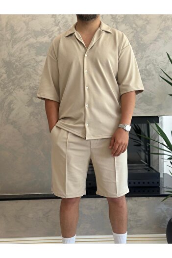 ECARTS Men's Relaxed Fit Cotton Fabric Bottom Top Set Beige Eca019