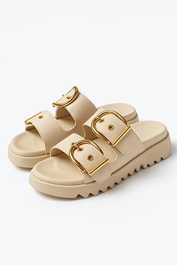 StWenn Gold Buckle Detailed Comfortable Thick Sole Summer Women's Slippers Stylish and Comfortable