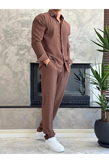 ECARTS Men's Relaxed Fit Draped Fabric Bottom Top Set Brown Eca018