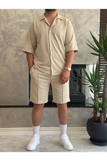 ECARTS Men's Relaxed Fit Cotton Fabric Bottom Top Set Beige Eca019