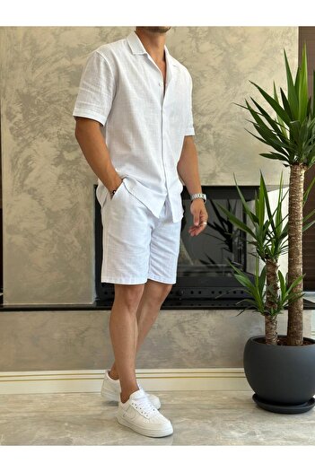ECARTS Men's Relaxed Cut Raw Linen Bottom Top Shorts Suit White Eca020