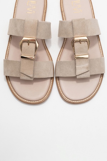 LuviShoes Sveta Beige Suede Buckle Genuine Leather Women's Slippers