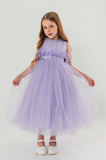 SOLLUXE JASMINE – Rochita de ocazie din tulle fin cu saten si drapaje cu funda decorativa, lavanda, 134