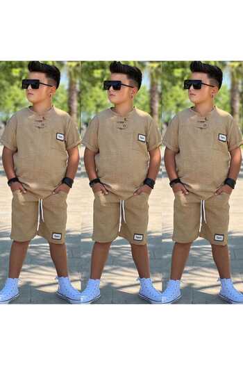 MUMİKİDS Boy's Judge Collar Linen Fabric Bottom Top Summer 2-Piece Set