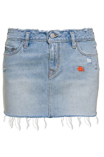 Erl Fustă mini albastru deschis cu etichetă cu logo și margine brută din denim de bumbac, femeie Erl