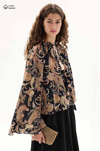 Hooopstore Μαύρη μπλούζα Ethnic Pattern Cotton Voile