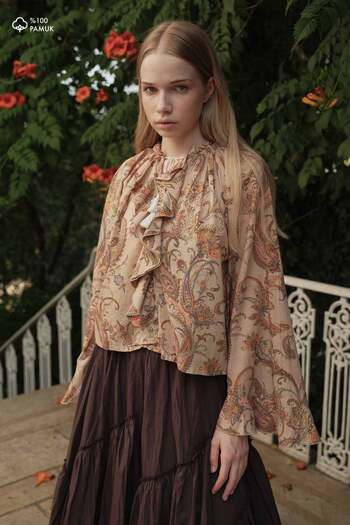 Hooopstore Μπλούζα Ethnic Pattern Cotton Voile Milk Coffee