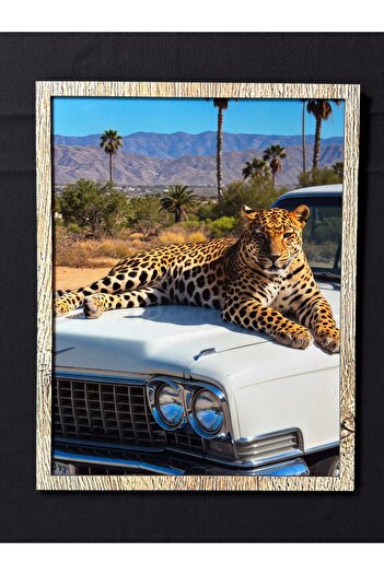 karbonsoft Decorative Wood Painting - Leopard and Classic Car Themed Wood Uv Print Wall Painting - Wood Framed