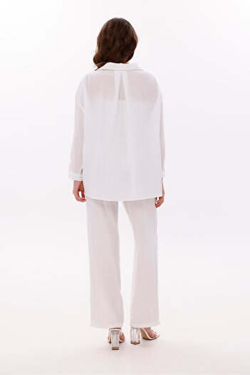 LA PANTE Low Shoulder Linen Look Shirt Trousers Set with Elastic Waist, Laces and Front Pocket
