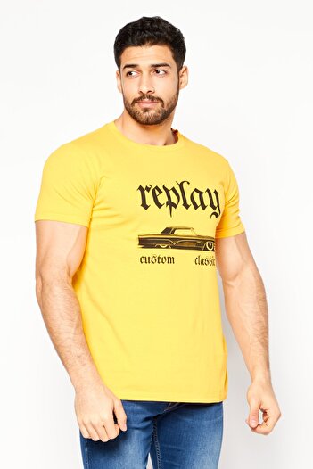 Replay Men Crew Neck Short Sleeve Graphic T-Shirt, Yellow/Black