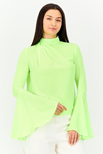 MSGM Women Mock Neck Bell Sleeves Solid Blouse, Lime Green