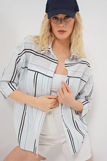 Bigdart Women's Striped Short Sleeve Shirt 20344 - Light Blue