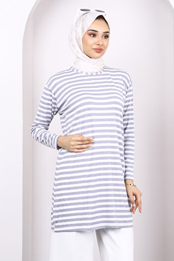 İmajButik Gri Çizgili Uzun Kol Tunik