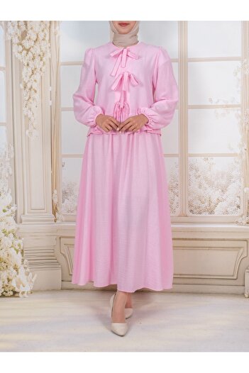 Modamorfo Lace-Up Front Sleeve Elastic Skirt Suit -Pink