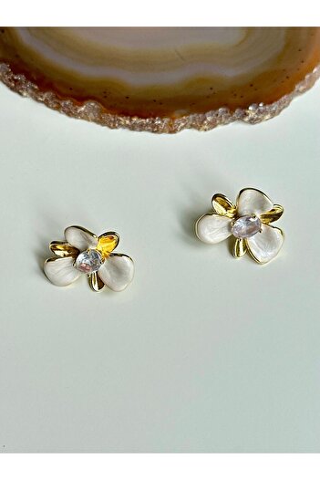 YOUES JEWELRY Çelik Çiçek Küpe Küpe Yaz Küpesi Ekru Taşlı Küpe