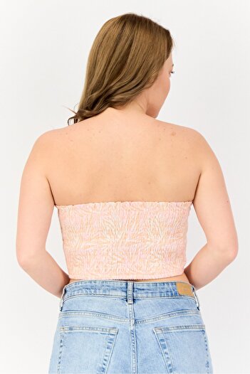 Cotton On Body Women Tie Neck Strapless Tropical Print Crop Top, Peach