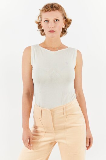 Ferrari Women Round Neck Sleeveless Solid Top, Beige
