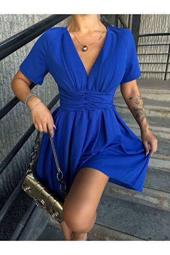 sharin Rochie mini evazată Saks albastră cu decolteu în V pentru femei 4C-2349