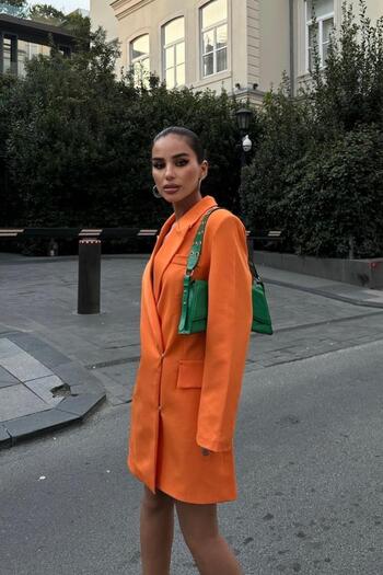 Genel Markalar Kadın Oranj Kruvaze Dokuma Kısa Elbise