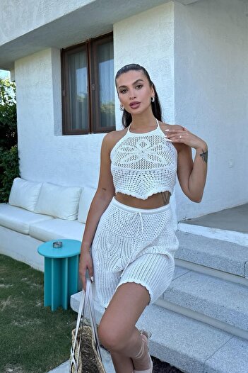 WeShaya Women's Ecru Cotton Woven Strap Halter Neck Suit