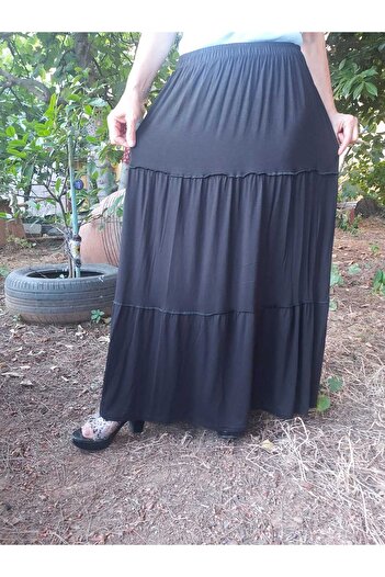 hoaryage Elastic Waist, 3 Layers Ruffle Long Skirt Combed Cotton Fabric 100% Cotton