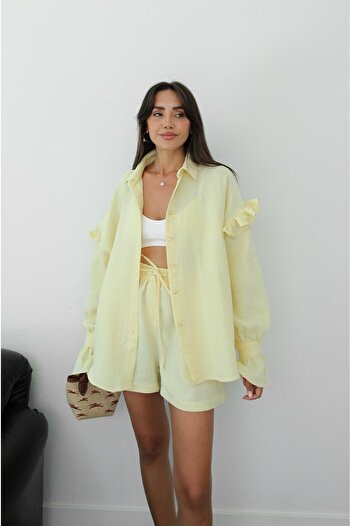 Havoş Yellow Ruffled Sleeves Shirt Shorts Muslin Set
