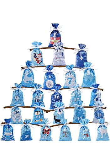 Motase Set de 24 de pungi calendar de advent Motase, satin, albastru, 13 x 21,5 cm