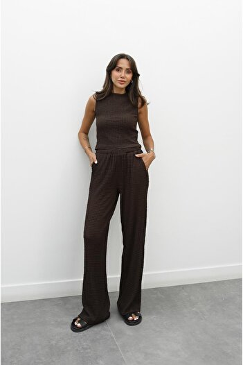 Havoş Brown Textured Blouse Trousers Set