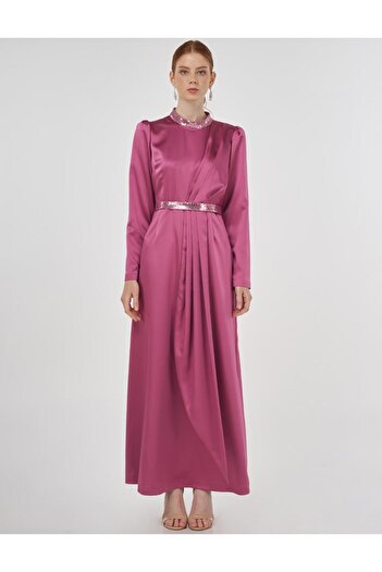 Kayra Κεντημένο σατέν ντραπέ φόρεμα Dusty Rose