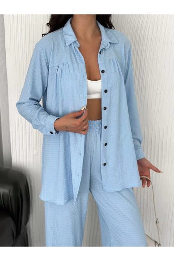 CVS Collared Buttoned Long Sleeve Shirt Pants Double Set - Baby Blue