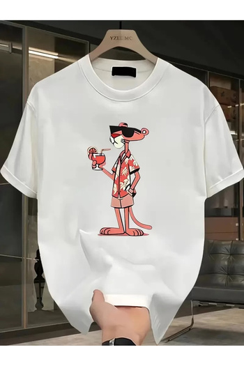 LUMİART Men's Oversized Casual Short Sleeve T-Shirt with Pink Panther Print Is Perfect for Spring and Summer - White