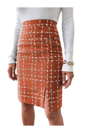StreetWear Outlet Women's Tweed Skirt with Tartan Pattern and Front Slit